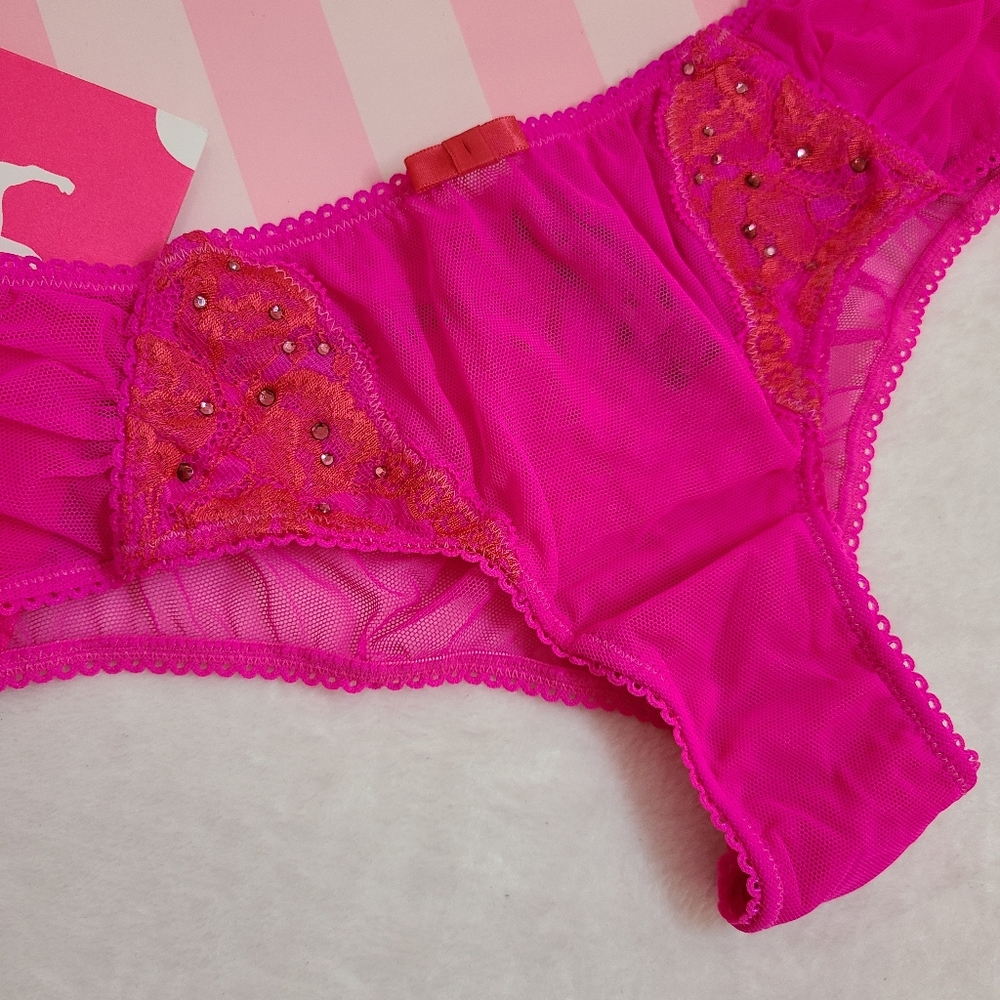 VTG VS Sexy Little Things Rhinestone Mesh Lace Cheeky Panty Size M Pink - Picture 2 of 6